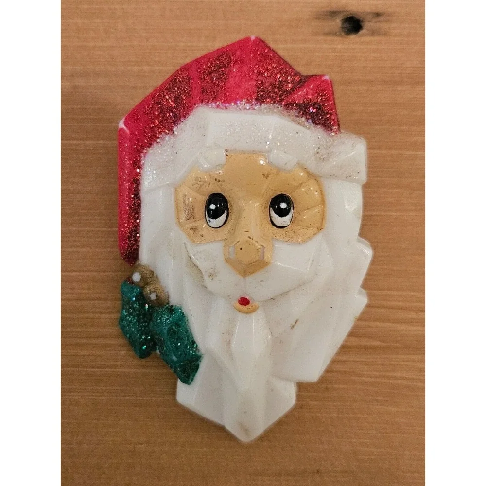 Vintage Santa Claus Face Christmas Holiday‎ Brooch Pin Red Glittery Hat